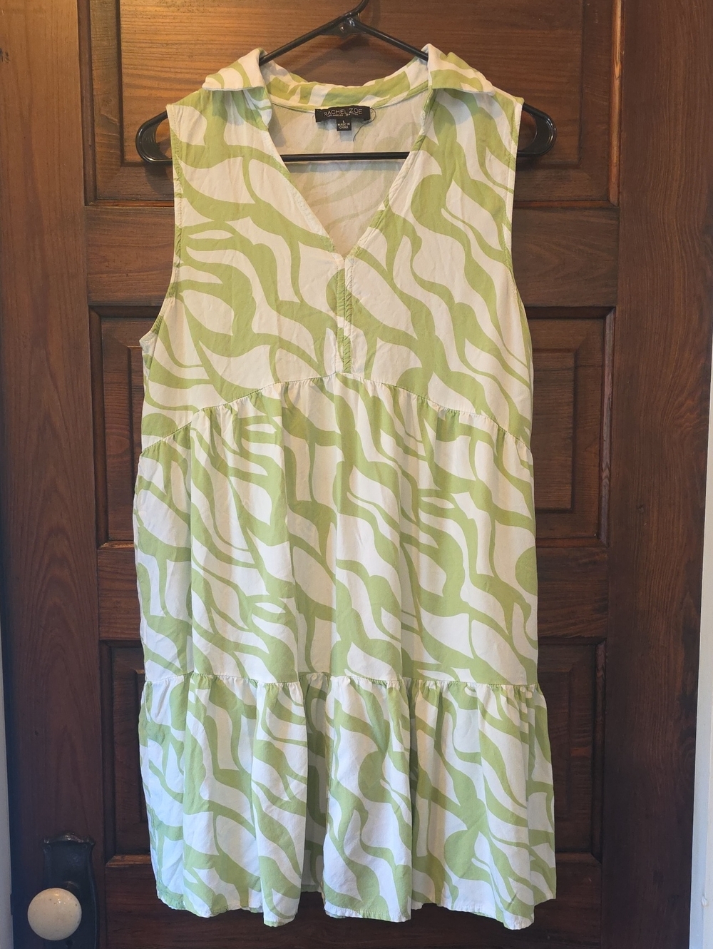 Rachel Zoe Tiered Collared Sleeveless Shift Dress Green White L